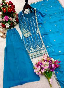 Teal Embroidered Silk Anarkali <b>Suit</b> With Dupatta Floor-Length Traditional Indian Pakistani <b>Women's</b> Wear <b>Wedding</b> <b>Dress</b> - Product Image 4