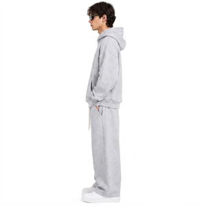 Ensemble de survêtement gris à capuche anti-plis pour homme, manches longues, couleur unie, coupe décontractée, pantalon à cordon de serrage, 100 % coton, automne - Product Image 3