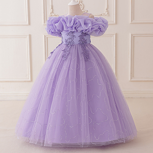 Nuevo Vestido Formal para Niña, Diseño Sólido, Estilo Princesa, con Cuentas y Flores de Malla, Traje para Espectáculos Infantiles, Cumpleaños, Bodas y Fiestas - Product Image 4