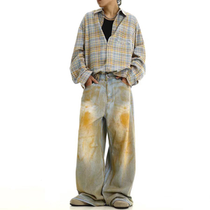 Men's Wide Leg Dip Dye Denim Jeans High Waist Loose Fit Cotton Streetwear Spring Style - Product Image 1