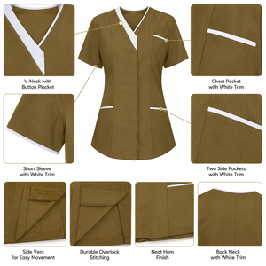 Uniforme de Enfermera Color Bronceado para Mujer, Cuello en V, Ribete Blanco en Contraste, Ropa de Trabajo para el Cuidado de la Salud, Fabricante Mayorista OEM ODM - Product Image 3