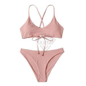 Wholesale High-Rise Women's Ribbed Bikini Set <b>Crossed</b> Halter <b>Top</b> Thong Bottom Solid Color Swimwear Stretch Fabric Beachwear - Product Image 2