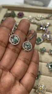Emerald and Diamond Flower <b>Silver</b> <b>Stud</b> Earrings 92.5 Sterling <b>Silver</b> Earring - Product Image 2