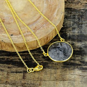Natural <b>Black</b> Rutile Round Shape Charm Gemstone <b>Chain</b> Necklace 18k Gold Micron Over 925 Sterling Silver - Product Image 3