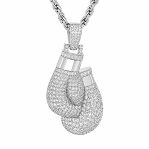 Iced Out Boxing Gloves Pendant 18K White Gold Rhodium Plated Micro Pave Crystal Men's Hip Hop Rope Chain <b>Necklace</b> - Product Image 2