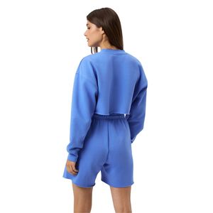 Conjunto de Sudadera Corta Oversize para Mujer, Azul Sólido, Hombros Caídos, Cuello Redondo, Tejido 100% Algodón, Pantalones Cortos, Otoño Invierno, Transpirable - Product Image 2