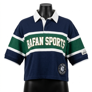 Chemise de rugby pour femme en coton et polyester, tissu tricoté durable, rayures vert marine, logo brodé personnalisé. - Product Image 3