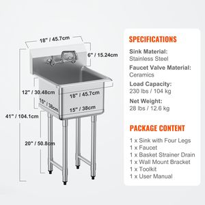 Lavello Commerciale da Cucina 18"x41" in Acciaio Inox a Compartimento Singolo con Rubinetto e Gambe, Lavello Piccolo Autoportante - Product Image 5