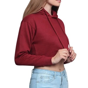 Haut court à capuche respirant de couleur unie pour femme, style décontracté, avec logo brodé personnalisé, pull à manches longues - Product Image 2
