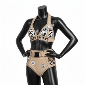 Conjunto de Bikini para Mujer, 180 GSM, Poliéster y Spandex Elástico, Beige Arena, Paneles Estampados, Cinturón con Hebilla, Logotipo Personalizado - Product Image 5