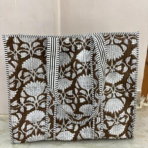 Sac fourre-tout matelassé en coton avec motif floral et poignées rayées pour femmes, style bohème, utilisation toutes saisons - Product Image 3