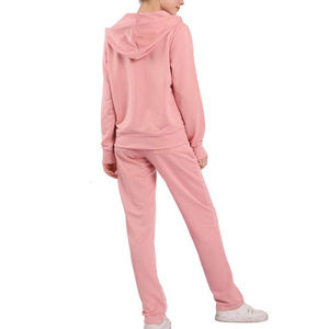 Customized Women <b>Pink</b> Hooded <b>Tracksuit</b> Full Length Solid Color Casual Two Piece Set With Side Pockets Breathable Cotton Material - Product Image 1