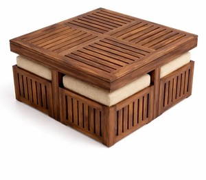 Slatted Top Solid Wood Coffee Table with 4 <b>Cushioned</b> Stools | Space Saving Nested Center Table | Jodhpur Export - Product Image 3