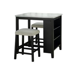 Transitional 3pc Dining Room Set Gloss <b>Table</b> Top with Storage Shelves 2 <b>Side</b> Stools in Black Ivory <b>White</b> - Product Image 3