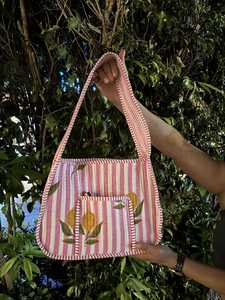 <b>Small</b> Hand Block Printed Quilted Cotton Shoulder Bag Floral Flap Bag With Long Handle 12x10 Inch - Product Image 4