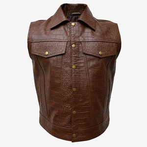 Chaleco de Cuero Marrón con Grabado de Cocodrilo para Hombre, Chaqueta sin Mangas Estilo Trucker con Botones a Presión, Textura Western para Montar a Caballo - Product Image 5