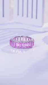 Women's 925 <b>Silver</b> Rhodium Plated Morganite Eternity Band <b>Ring</b> <b>Emerald</b> Cut Channel Setting Luxury Fine Jewelry - Product Image 3