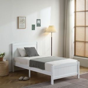 Letto singolo in legno bianco con testiera curva e pediera abbinata, design a strisce verticali a strato singolo - Product Image 1