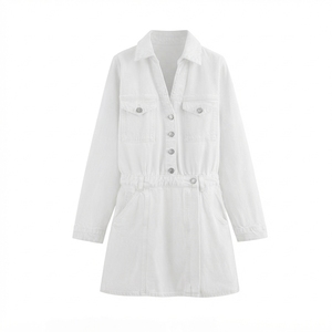 Robes en jean décontractées pour femmes, couleur bleu denim, col rabattu, boutonnées, manches longues, mini robes - Product Image 2