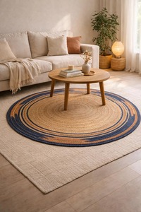 Alfombra Redonda de Yute Trenzado, Estilo Bohemio a Rayas, Pelo Plano, Antideslizante, para Sala de Estar, Hecha a Mano, Ecológica - Product Image 5