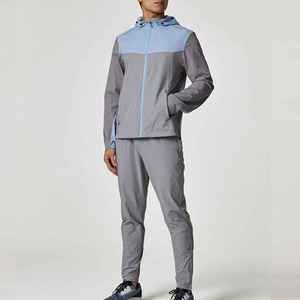 Sports World Men's Hooded Windbreaker Jacket <b>Set</b> Color Blocking Gray Blue Quick Dry Breathable Sporty Summer Outerwear <b>Knitted</b> - Product Image 1