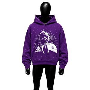 Sweat-shirt à capuche graphique en strass violets, motif abeille, coupe oversize, streetwear, en coton délavé, unisexe, style vintage urbain décontracté - Product Image 1
