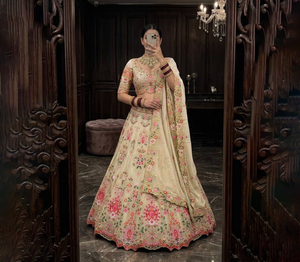 Lehenga Choli de Seda Crema de Diseño con Bordado Floral, Traje Tradicional de Boda para Mujer, Largo hasta el Suelo, Listo para Usar - Product Image 1