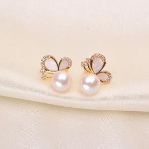 Boucles d'oreilles en perles d'eau douce naturelles Tilian 7-8 mm, rondes, sans défaut, en forme de papillon, Mantou, bijoux élégants en perles d'eau douce - Product Image 1