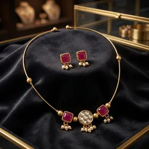 Ensemble collier et boucles d'oreilles plaqué or avec breloque rubis et perles d'imitation pour femme, idéal pour mariage et soirée - Product Image 6