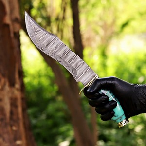 Cuchillo de caza y camping de hoja fija Bowie hecho a mano de acero de Damasco con mango de resina verde y funda de cuero, opciones DIY y OEM - Product Image 2