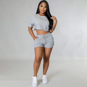 Ensemble femme tricoté en coton, couleur unie violet, haut court et short, décontracté, respirant, tenue de sport d'été, manches courtes, au-dessus du genou - Product Image 2