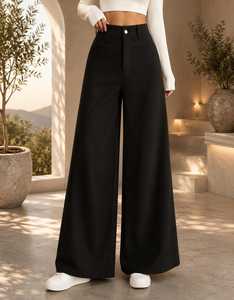 Women's High Waist Wide Leg Corduroy Pants Solid Color Loose Fit Full Length Casual Autumn Style Button Fly Flat Front - Product Image 4