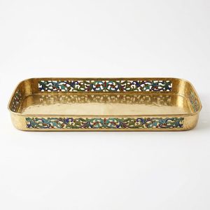 Bandeja de Servir de Latón Hecha a Mano de 55 cm, Estilo Art Deco, con Patrón de Plantas Esmaltadas en Cinco Colores, para Uso en el Hogar y Hoteles - Product Image 1