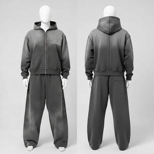Nuevo Estilo Conjunto de Sudadera con Capucha y Pantalones Acampanados de Talla Grande para Hombre, con Cremallera, Efecto Desgastado, Pedrería y Lavado Ácido, Estilo Urbano - Product Image 4