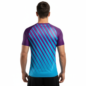 Men's Blue Purple Striped Short Sleeve Rash Guard Quick Dry <b>Compression</b> <b>Shirt</b> for MMA Jiu Jitsu Training - Product Image 4