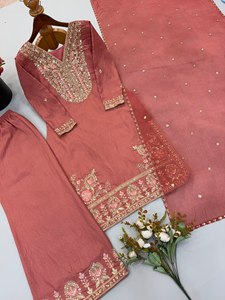 <b>Womens</b> Designer <b>Kurta</b> Palazzo Set With Dupatta Heavy Embroidery Sequence Work Party Wedding Festive Wear Pink Ready To Wear Suit - Product Image 6