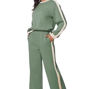 Tenues 2 pièces décontractées à motif solide pour femmes ensembles assortis de salon en polaire d'hiver survêtement à blocs de couleurs - Product Image 1