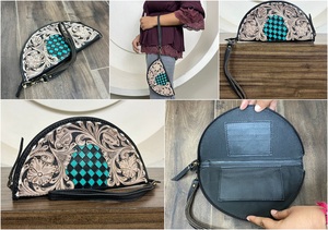 กระเป๋าหนังแท้ลายดวงจันทร์ครึ่งดวงทำมือพร้อมกระเป๋าสตางค์ดีไซน์ลายดอกไม้ลายตารางสีเทอร์ควอยส์กระเป๋าใส่บัตรและเหรียญ - Product Image 3