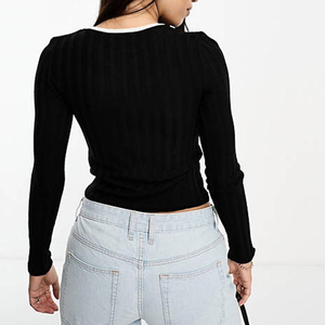 Haut asymétrique en maille à manches longues pour femme, noir, col rond, design ajouré, couleur unie, coupe classique, style adulte - Product Image 3