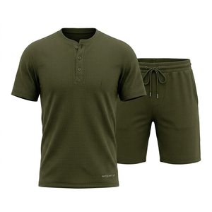 Conjunto Casual de Verano Personalizado 100% Algodón, 160GSM, Ligero, de Secado Rápido y Transpirable, Camiseta Henley de Manga Corta y Pantalones Cortos con Cordón para Hombre - Product Image 4