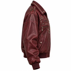 Maroon <b>Women</b> Genuine <b>Leather</b> Oversized <b>Bomber</b> <b>Jacket</b> Custom Graphic Printed Studded Edge Outerwear OEM Factory Provider - Product Image 3