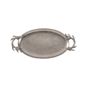 Antique Silver Aluminum Serving Tray With Deer Antler Handles Eco-Friendly Textured Metal Oval Platter For Hotel Restaurant Home - Product Image 1