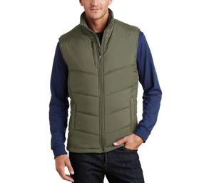 Chaleco Acolchado para Hombre, Color Verde Oliva, Cuello Alto, Cierre de Cremallera, Resistente al Viento, Estilo Casual, Corte Regular, Color Sólido - Product Image 1
