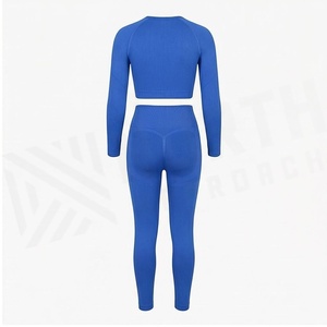 Ensemble de yoga 2 pièces, haut court sans couture bleu uni, legging taille haute, extensible dans quatre directions, vêtements de sport pour femmes - Product Image 5