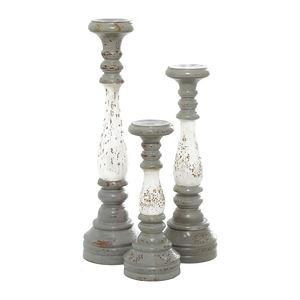Large Turned Style Mango Wood <b>Candle</b> Holder <b>Set</b> Custom 3-Piece Design in Gray & White Home Decoration - Product Image 2