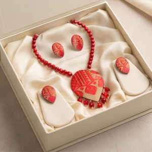 Traditional Red Muga Silk Necklace <b>Set</b> with Handcrafted Pendant and Matching Earrings | <b>Indian</b> Ethnic <b>Jewellery</b> with Floral Moti - Product Image 3