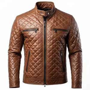 Chaqueta de piel de oveja auténtica negra a la moda para hombre, cuello con solapa dentada, diseño asimétrico con múltiples cremalleras y acolchado de diamantes - Product Image 3