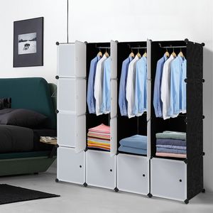 Organiseur 16 cubes, rangement en plastique empilable à 4 niveaux avec 3 tringles à vêtements en fil d'acier, montage facile, blanc - Armoire portable - Product Image 3