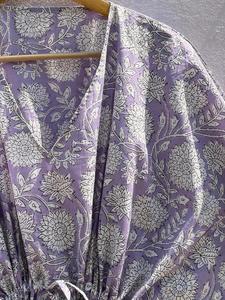Lavender Floral Cotton <b>Kaftan</b> Dress for Women Printed Boho <b>Beach</b> Cover Regular Fit Eco-Friendly V-neck Resort Wear Summer Maxi - Product Image 6