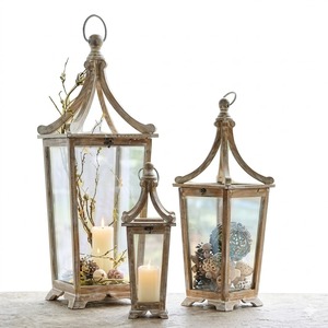 Hot Seller <b>Set</b> Of 2 Large Wooden <b>Lanterns</b> Decorative White Wood Metal Hanging Candle Holder For Indoor Outdoor Home Decor - Product Image 5